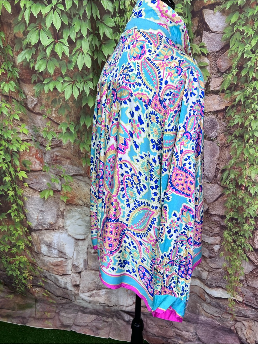HAUTE HIPPIE STYLE Paisley Resortwear Floral Turquoise Button Front Blouse, 1X - Picture 11 of 14